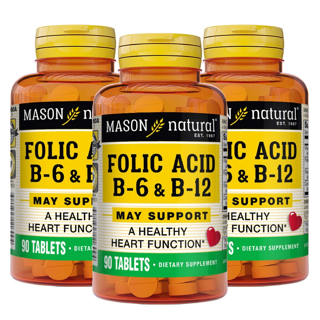 MASON NARAVNO srce Formula B6/B12/Folic Acid tablete, prehranska dopolnila podpira kardiovaskularno zdravje, nastajanje rdečih krvnih celic, metabolična funkcija, 90 število (Pak 3)