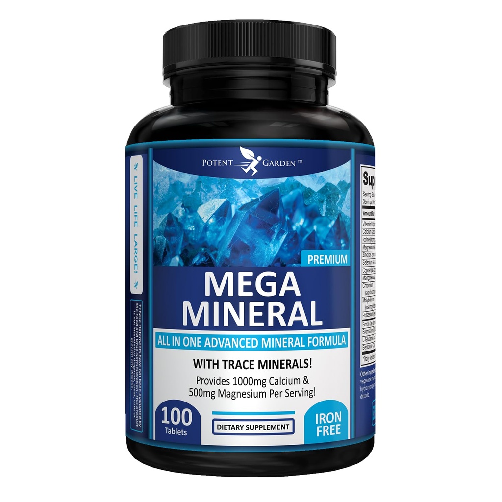 Potentni vrt Mega Mineral Supplement Complete Mineral Complex s kalcijevim magnezijevim cinkom Kalij Boron Selenium Chromium & 72 Trace Minerals Iron Free Calcium Supplement -100 Tablete