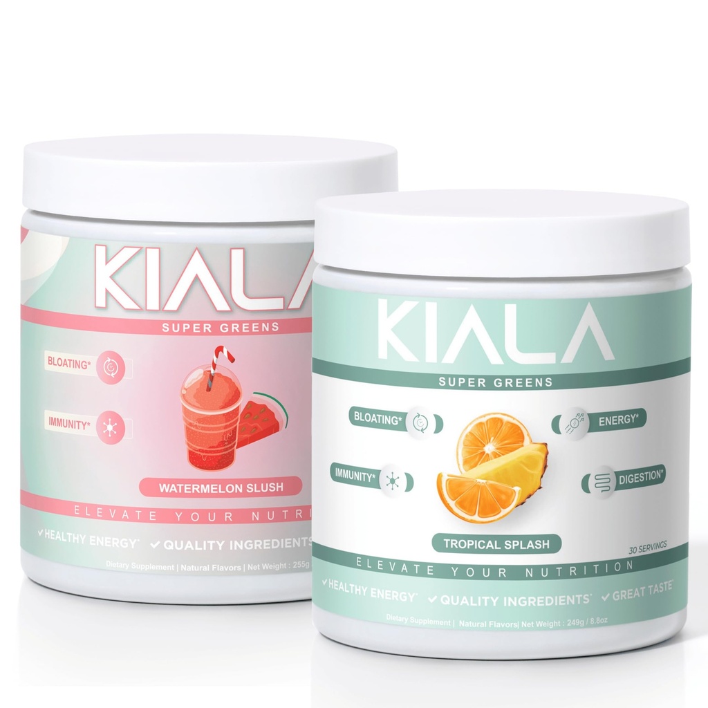 Kiala Nutrition Super Greens, Organic Greens Powder, Spirulina & Klorella Superfood Powder, Sladkor & Gluten Prost Vegan, Spectra mešanica, Watermelon & Tropical Slush 2 Pack