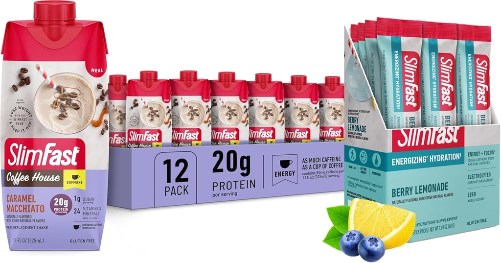 SlimFast Bundle: intermitentna nastilja Elektroliti, Energy Powder Drink Mix, Kofein iz naravnih virov- Berry Lemonade (12 Count) + High Beljakovine Meal zamenjava Shake, Karamel Macchiato, 12 Pack