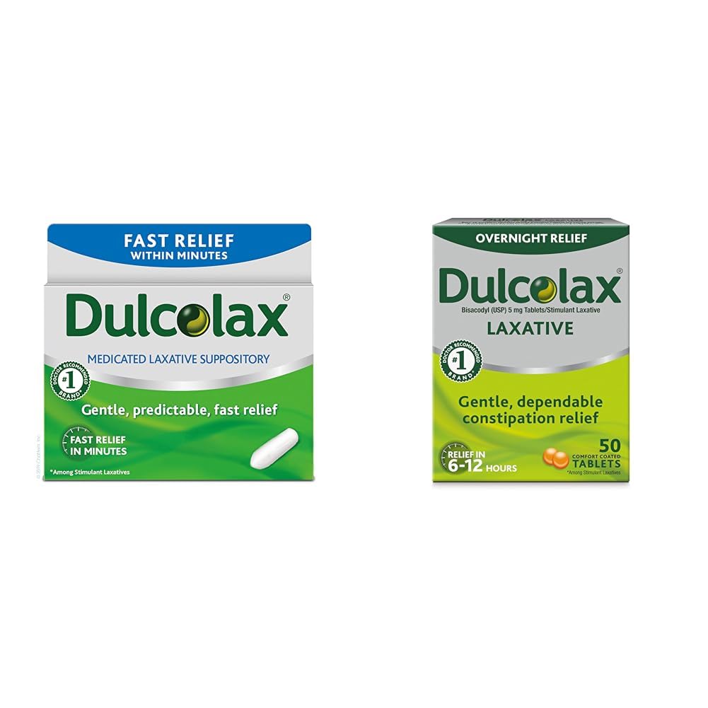 Dulcolax Hitra pomoč Medicated Laxative Suppository Hitra pomoč, Rectalna uporaba Samo, Bisacodil, 10 mg in čez noč Relief Laxative za Gentle Constipation Relief, Bisacodil 5 mg tablete, 50 Število
