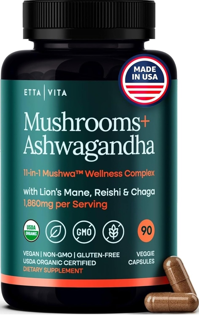 USDA Egyc Lions Mane dodatek kapsule z Ashwagandha, Chaga, Reishi, Cordyceps, Turčija rep (18,600mg/serv) 10x Adaptogene gobe kompleks kot Focus dodatek - Energija, Immunity & Nootropic