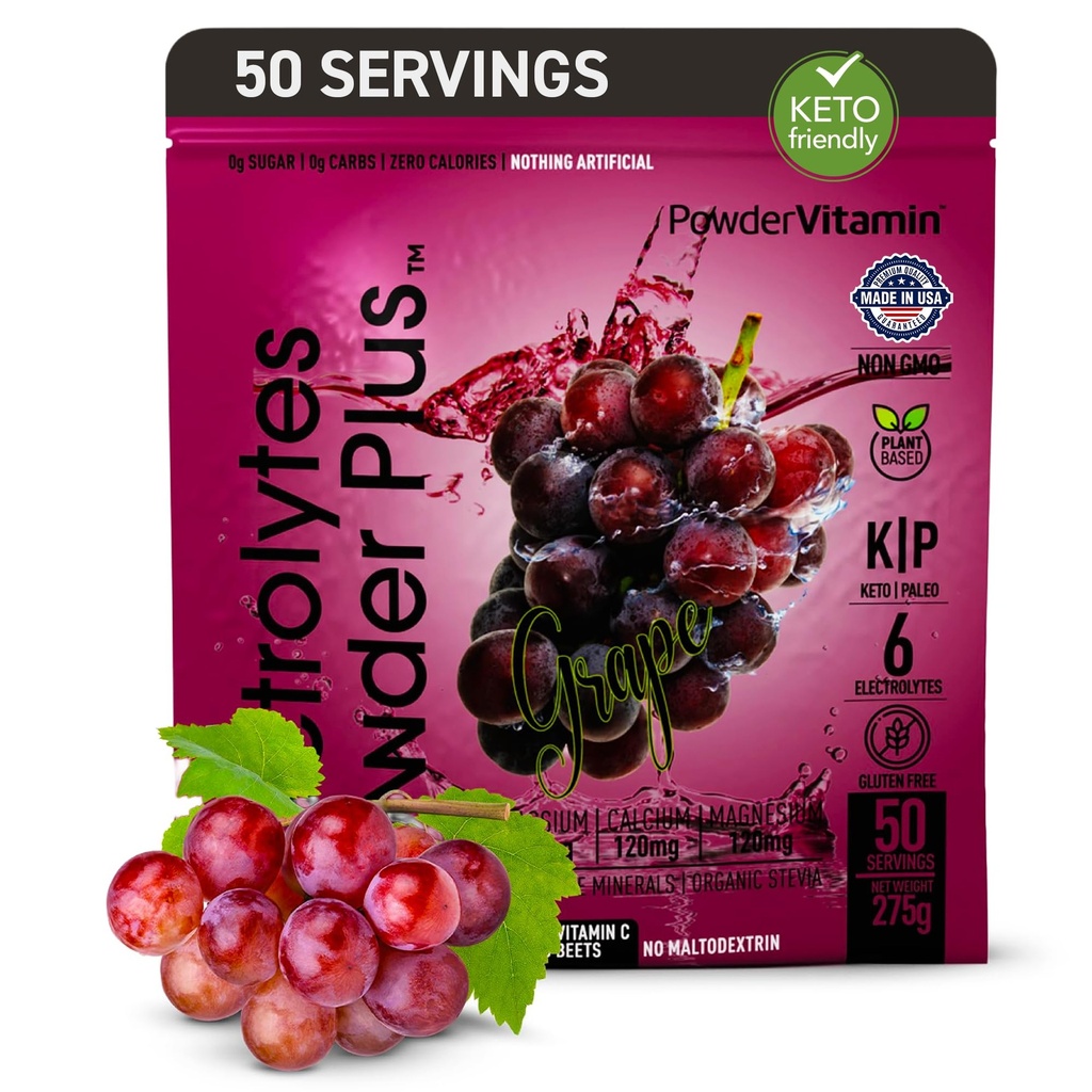 PowderVitamin Electrolytes Powder Plus (50 Servings) Grape Electrolyte Powder Zero Calorie Keto, 0 Sugar, No Maltodextrin,1000mg Potassium,120mg Calcium,120mg Magnesium, Hydration Powder