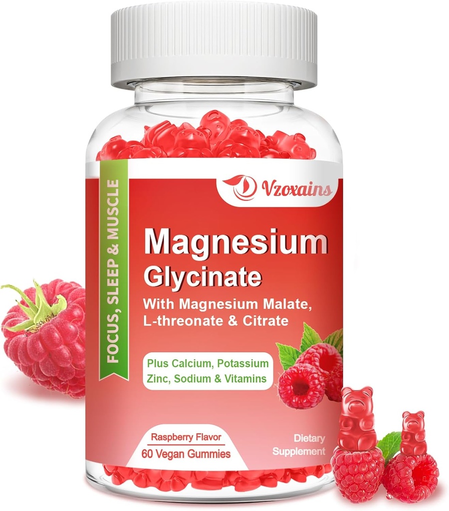 Magnezij Glycinate Gumies 600 mg, Magnezij Gumies za odrasle in otroke, Podpora za sprostitev in mišice, 60 Raspberry Okusne Gumies