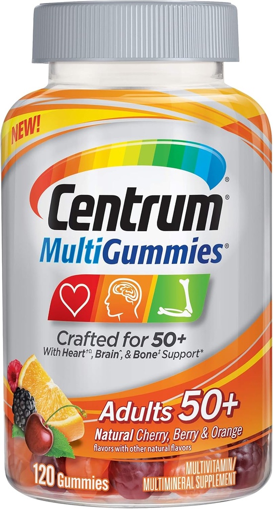Centrum MultiGummies Odrasli (120 Count, Natural Cherry, Berry, Orange Flavor) Multivitamin/Multimineral Supplement Gumies, Vitamini B12, D, E, Starost 50+