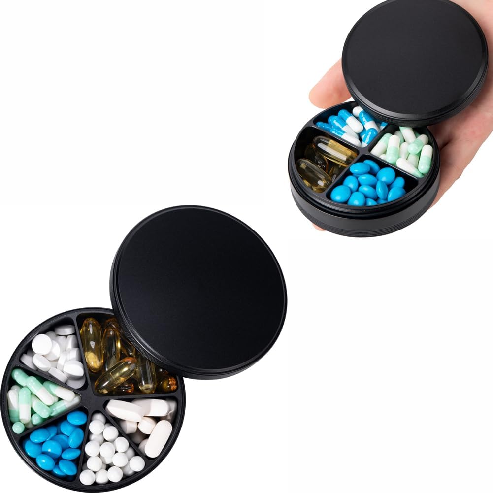 6 Kompartment tablete Organizator & 4 Kompartment tablete Box - vodoodporne kovinske tablete Organizator, Aluminija zlitina okrogle dnevne medicinske posode za vitamine, Medicina, Dopolnilo, ribje olje