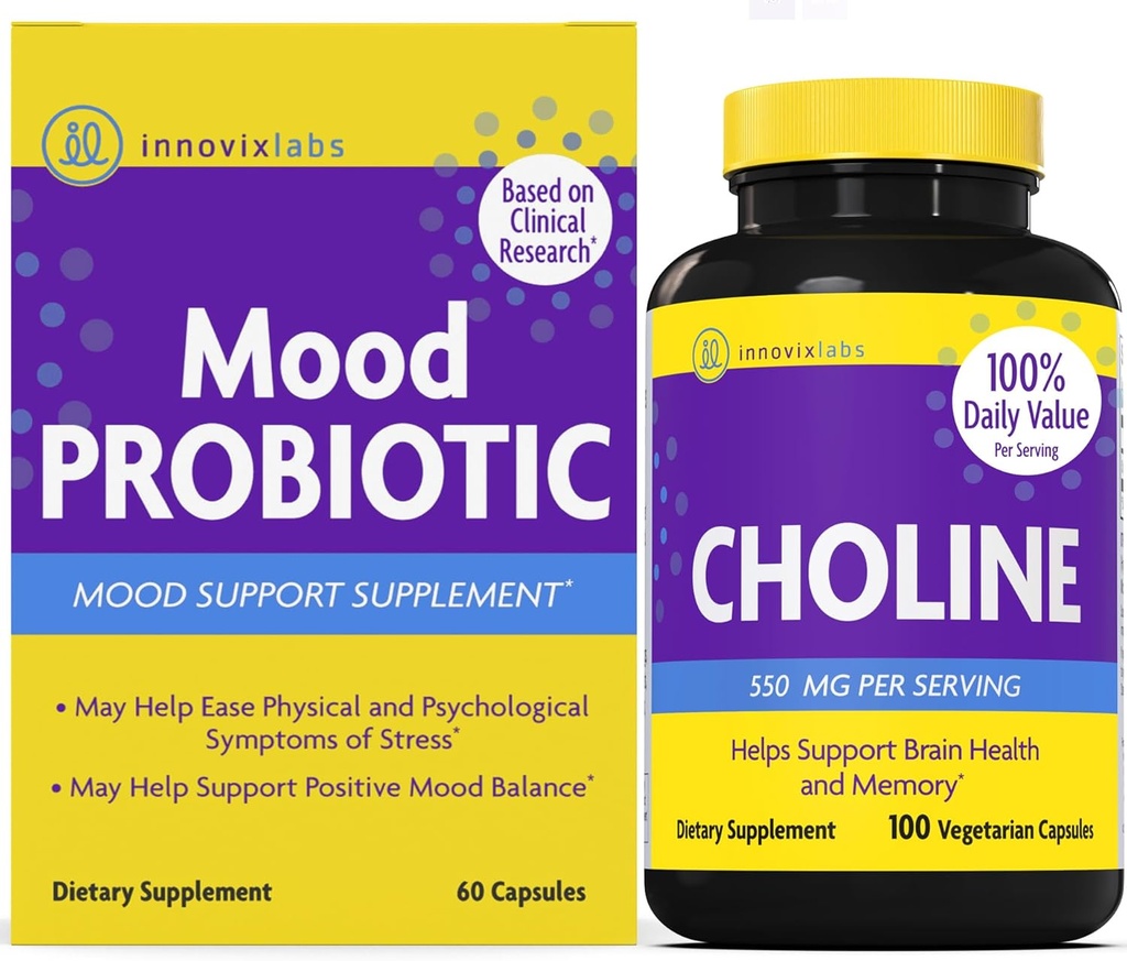 InnovixLabs Choline & Mood Probiotic Bundle Choline Bitartrate 550mg (100 kapsul) Mood Probiotic (60 kapsul). Podpira spomin, razpoloženje, zdravje možganov in krepitev kognitivne.*