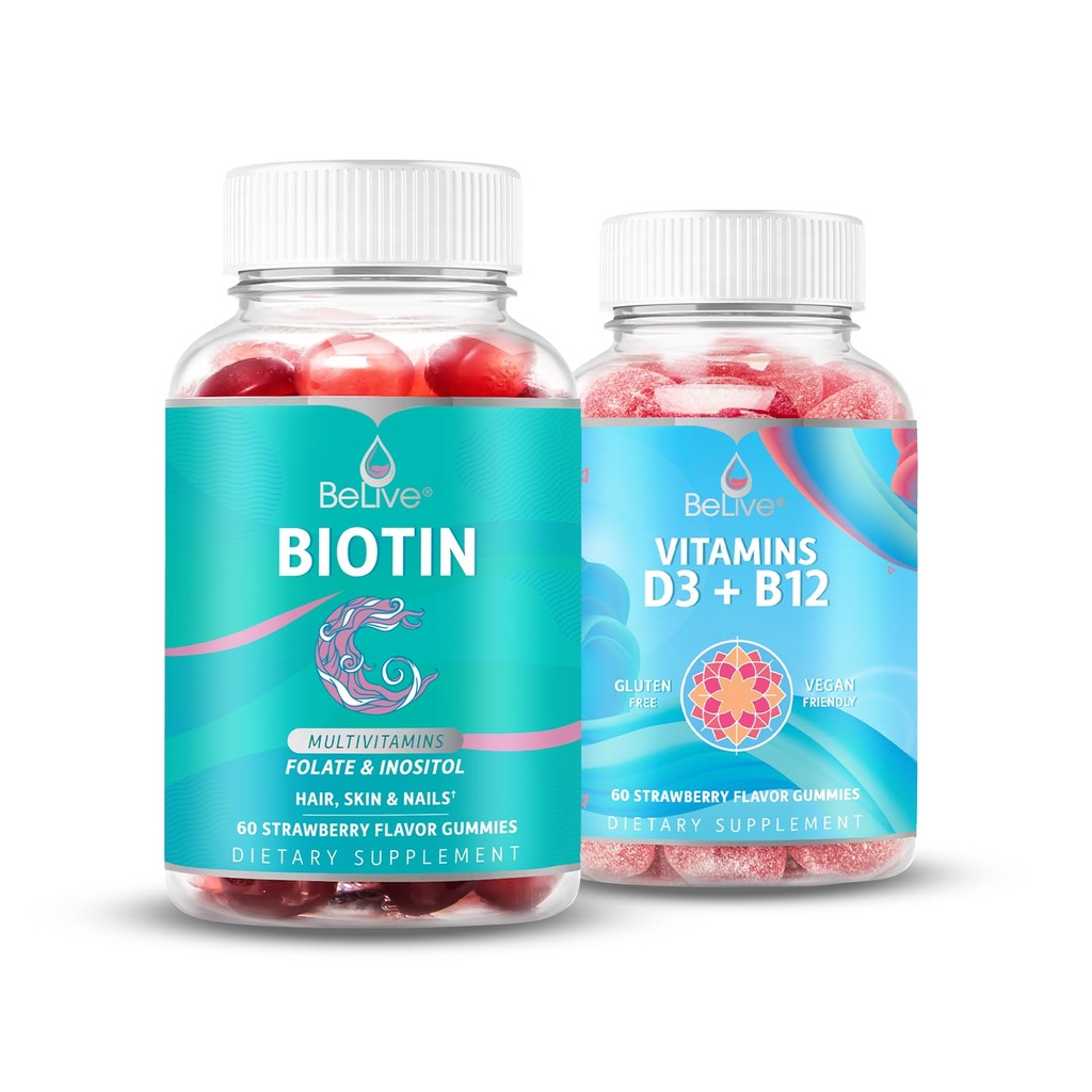 BeLive Biotin in multivitaminski D3 & B12 paket za rast las, zdrave kože in nohti, izboljšane kosti in mišice moč, zdravje in energijo