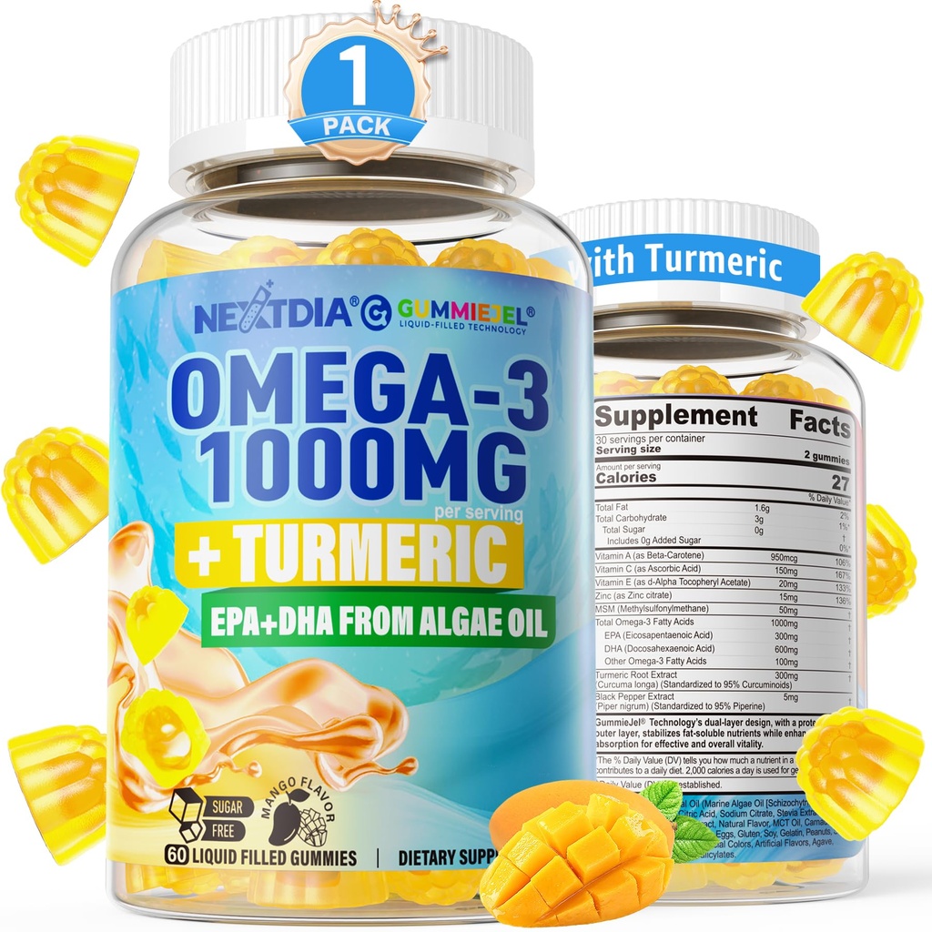 Vegan Omega-3 Gumies 1000mg + Kurkuma - Omega 3 ribje olje alternativa za odrasle - Algae DHA 600mg & EPA 300mg, vitamini A, C, E, cink & MSM, sladkor brez, 60 Cts