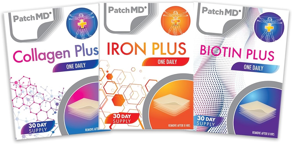 Železo Plus, Kolagen, & Biotin Plus Vrhunska Patch paket - 30 dni dobave