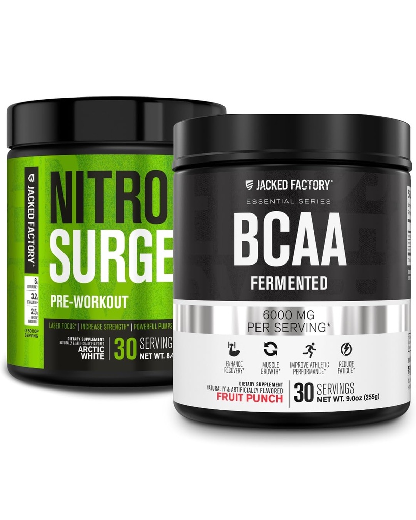 Jacked Factory Nitrosurge Pred-Workout na Arktiki Bela & BCAA v sadni Punch za izgradnjo mišic in okrevanje