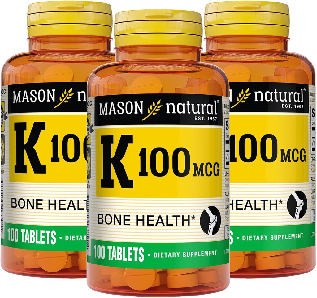 MASON NARAVNI Vitamin K 100 mcg, podpira zdravje kosti in sklepov, pomaga kalcijevo absorpcijo, 100 tablet, pakiranje po 3