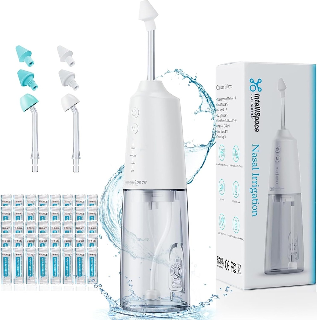 Nazal namakanje sistem Prenosni akumulatorski nazal izpiranje stroj za Sinus Alergy Relief Nasal Care - Električni Neti lonec za nos namakanje - Sinus Rinse Kit s 6 Nozzles 40 Sol paketi