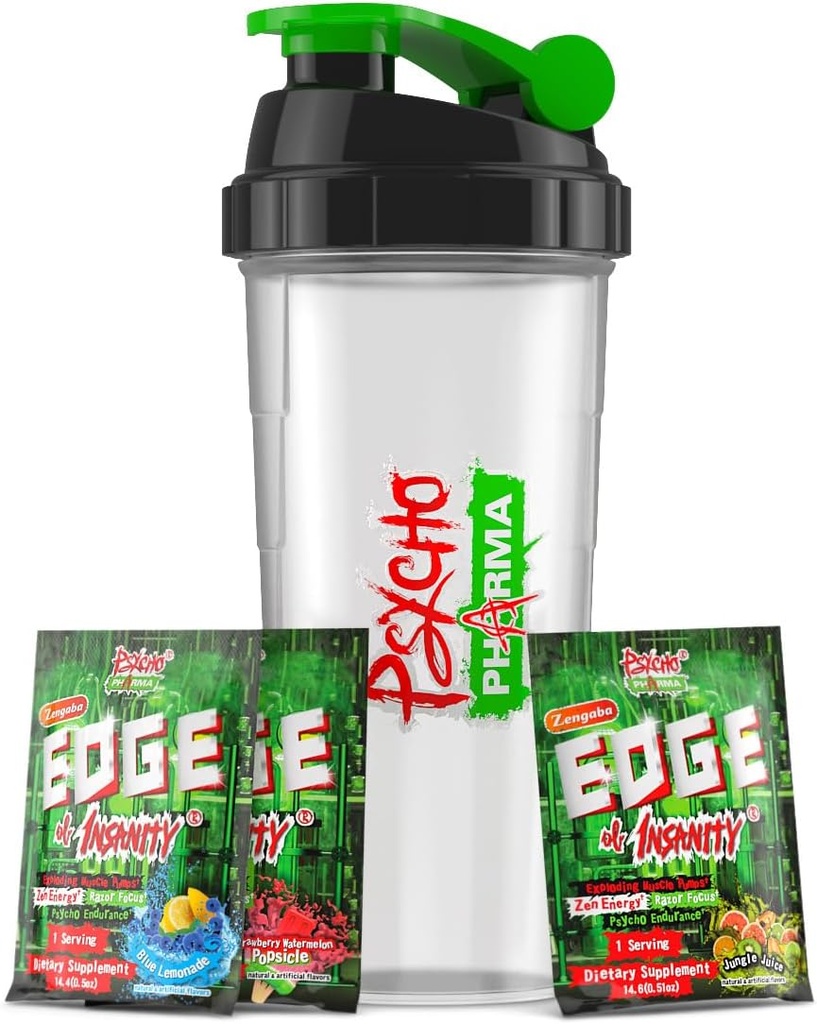 Psiho Pharma Edge of Insanity Pre Workout – Najmočnejši visoki stim prašek za intenzivne črpalke, moč, energijo in fokus – 3 vzorčne arome + Free Shaker Cup (junglov sok, modra limonada, jagoda)