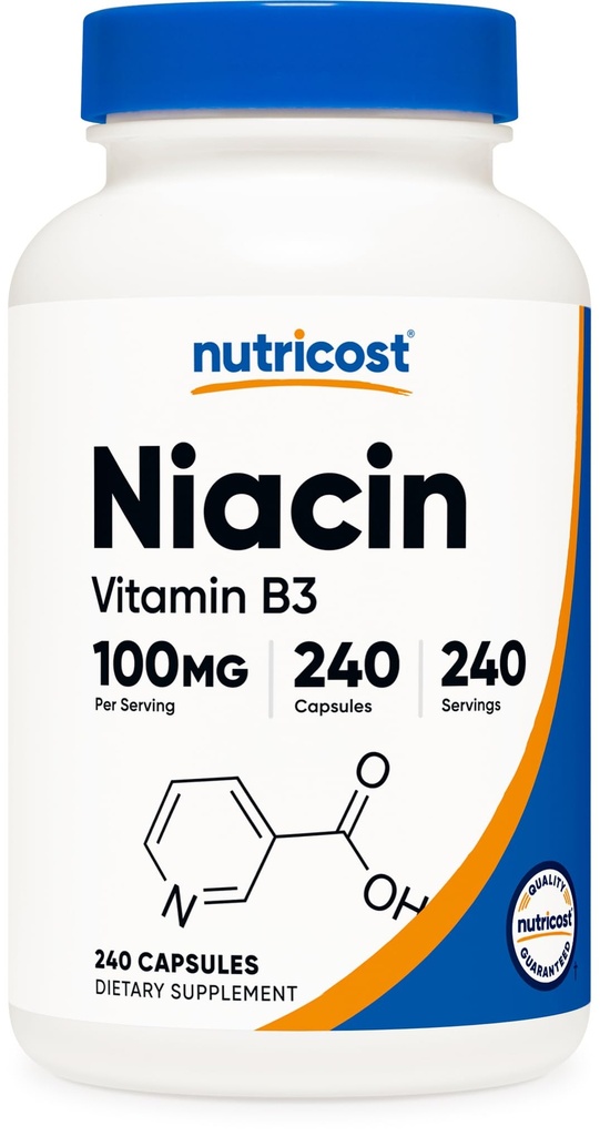 Nutricost Niacin (vitamin B3) 100 mg, 240 kapsul - z zardevanjem, brez glutena, brez glutena