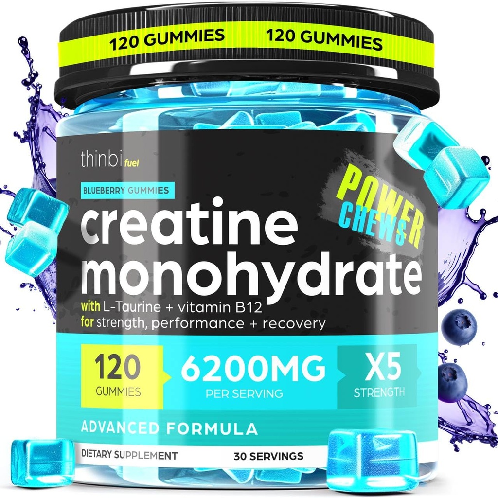 Kreatin Monohidrat Gumies Complex 6200mg za moške in ženske - 120 Gumies Napredna Formula W/L-Taurin + Vitamin B12 za mišično moč, mišice Graditelj, Energy Boost, Predworkout dodatek - Tanbi