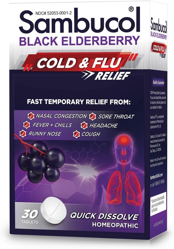 Sambucol Cold and Flu Relief Tablets - Homeopatska hladna medicina, Hladno zdravilo za odrasle, Črna jagoda za prehlade, Cink Cold Remedy - 30 Count