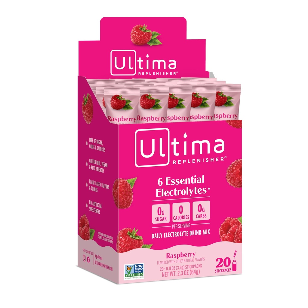 Ultima Replenisher, Elektrolit Hidracijska pijača Mix, Raspberry, 20 Count Stickpacks Box - Sladkor brez, 0 kalorij, 0 ogljikovih hidratov - Gluten-free, Keto, Non-GMO, Vegan