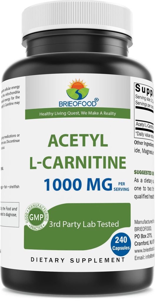 Brieofood Acetil L-karnitin 1000 mg na odmerek 240 kapsul. Gluten-free, ne-GMO.