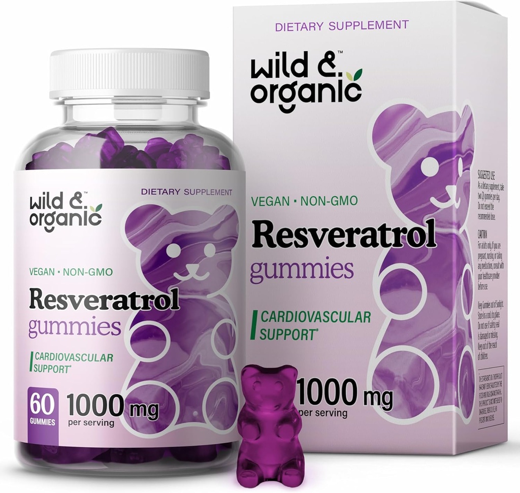 Wild & Organic Resveratrol Gumies 1000mg - Trans Resveratrol dodatek za antioksidant, možgane, imunske podpore - 60 Vegan, Non-GMO antioksidant Gumies
