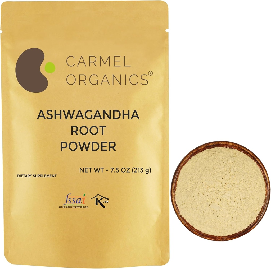 CARMEL ORGANICS Ashwagandha Root Powder 7.5 Ounce, Non GSO & Gluten Free, Natural, Withania Somnifera, No Dodani konzervansi, Neposredno izvira iz indijskih kmetov