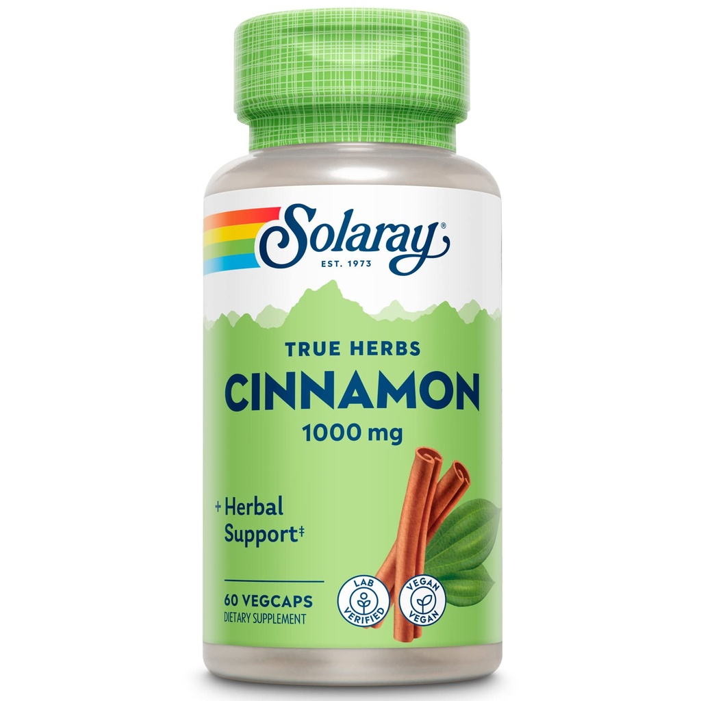 SOLARAY True Herbs Cinnamon Bark 1000mg - Ground Cinnamon Supplements - Herbal Support for Overall Wellness - Non-GMO Project Verified - Vegan Capsules, 60-Day Guarantee - 30 Servings, 60 VegCaps