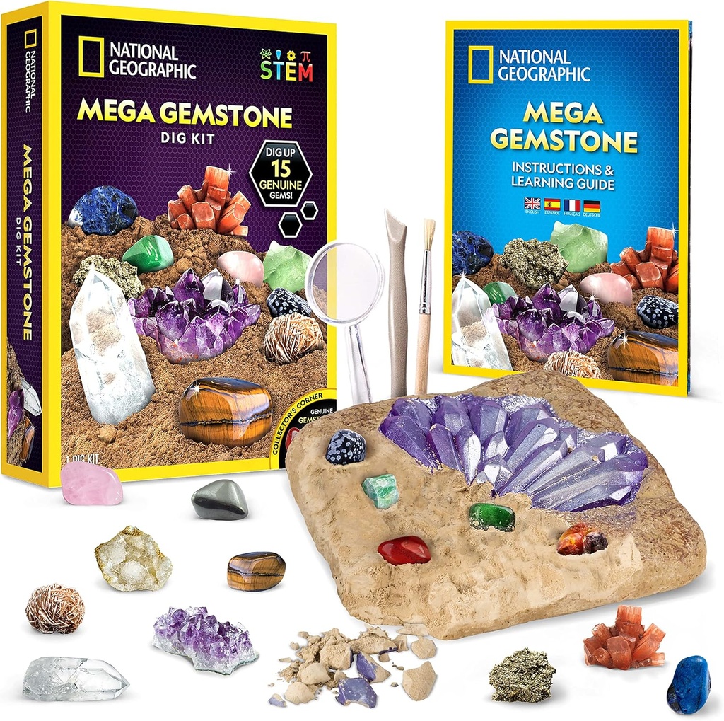 NACIONALNI GEOGRAFSKI Mega Gemstone Dig Kit – Kopanje 15 Real Gemstones in kristali, Znanstveni komplet za otroke, Gem Kopanje Kit, Darilo za dekleta in fante, Rudarski Kit, Rock zbirka
