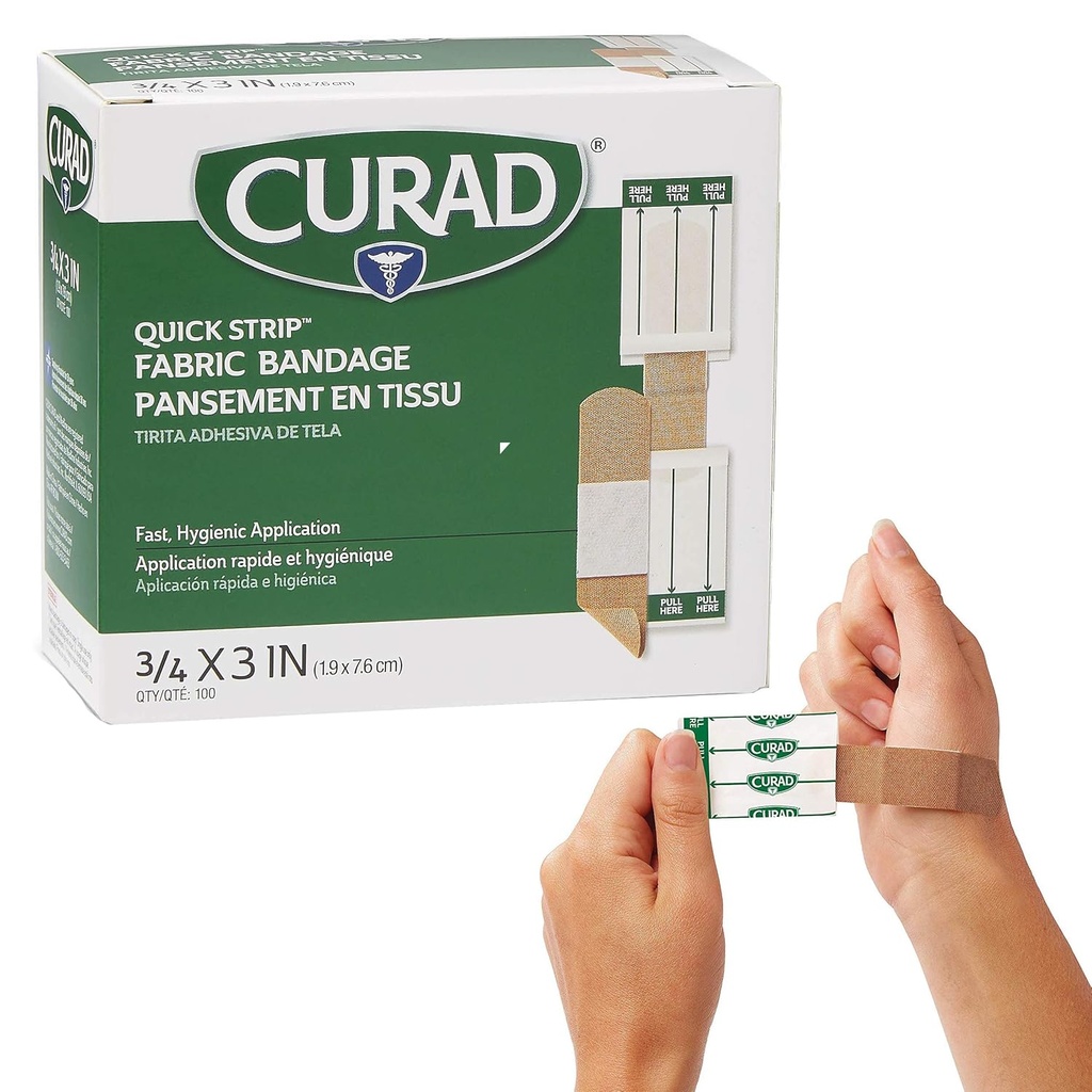 CURAD Quick Strip tkanine Lepljive Sterilne pasovi s hitro uporabo, 3/4" x 3", Box of 100