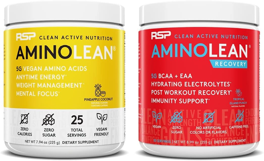 RSP NUTRITION Vegan AminoLean Pre Workout Energy (Pineapple Coconut 25 Servings) z AminoLean Recovery Post Workout Boost (tropski otok Punch 30 Servings)