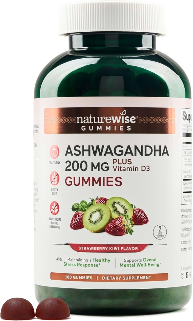 NatureWise Ashwagandha Gummies - Jagodna Kiwi - KSM-66 z vitaminom D3 - Pomirjujoča podpora razpoloženju - Vegetarian - Non-GMO, Gelatin in Gluten Free - 180 Count[3-mesečna zaloga]