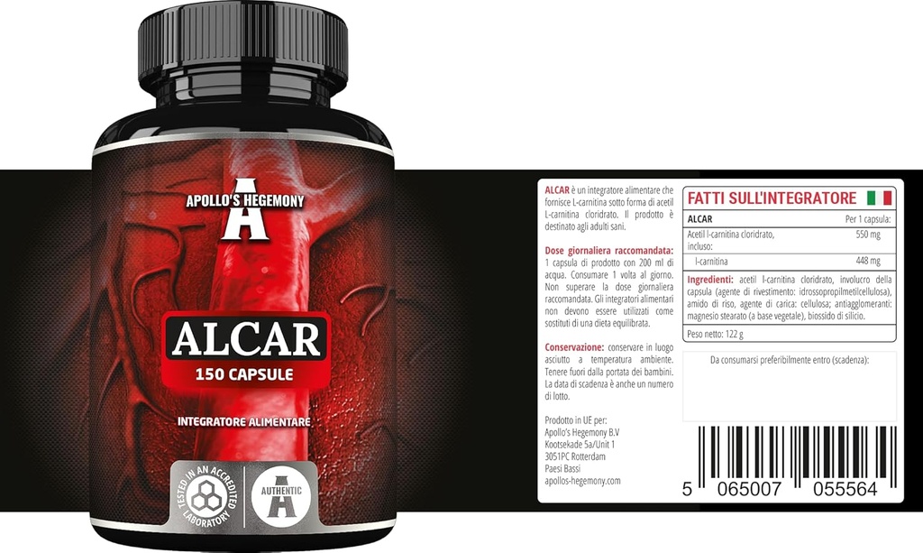 APOLLOVA HEGEMONY Acetil L-karnitin HCL 550 mg, ALCAR 150 Veganske kapsule, 5 mesecev dovoda, visoka jakost Aminokislina dodatek, podpira kognitivne funkcije in energijske ravni
