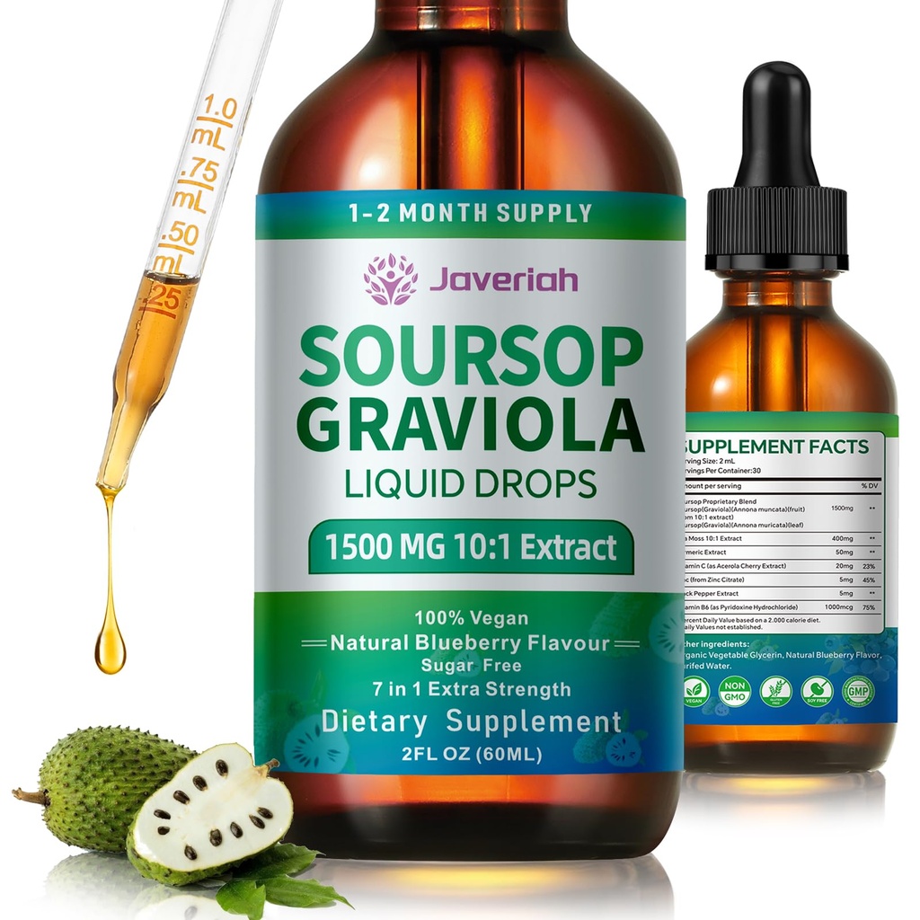 Soursop Graviola tekoče kapljice dodatek z Sea Moss Extract, Soursop Bitters tekočine za podporo celic in regeneracijo, Imunity, Jetra, Antioksidant, Graviola pušča ekstrakt 2 Mesec dobave 60ML