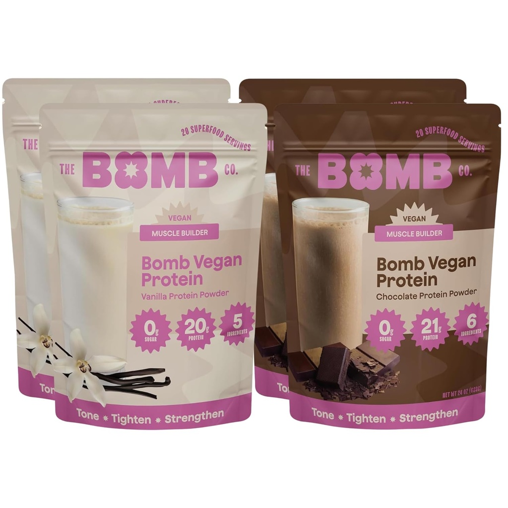 Blender Bombe Bomb Co. Bomb Rastline Protein, Chocolate & Vanilla Protein Powder z 21g proteini, aminokisline, nič sladkorja, Pea Protein, Kakav, Chia Semena, Vanilla & Monk Sadje, 60 Srvgs