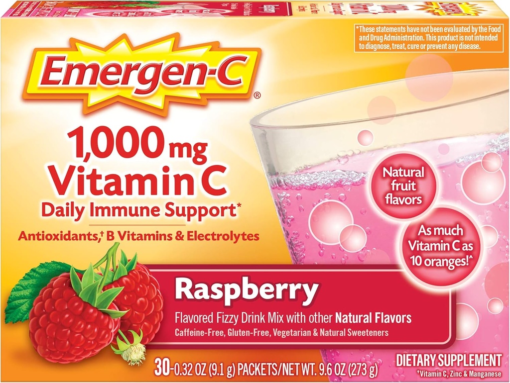 Emergen-C (30 Count, Raspberry Flavor, 1 mesec dobave) Prehranska dopolnila Fizzy Drink Mešamo s 1000mg vitamina C, 0.32 Ounce Packets, Caffeine Free