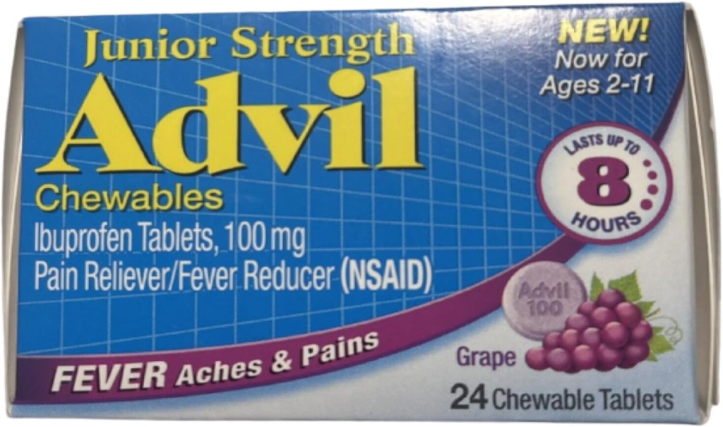Advil junior žvečljive tablete ibuprofen, grozdje 100 mg, 24 tablete vsak (pak po 4)