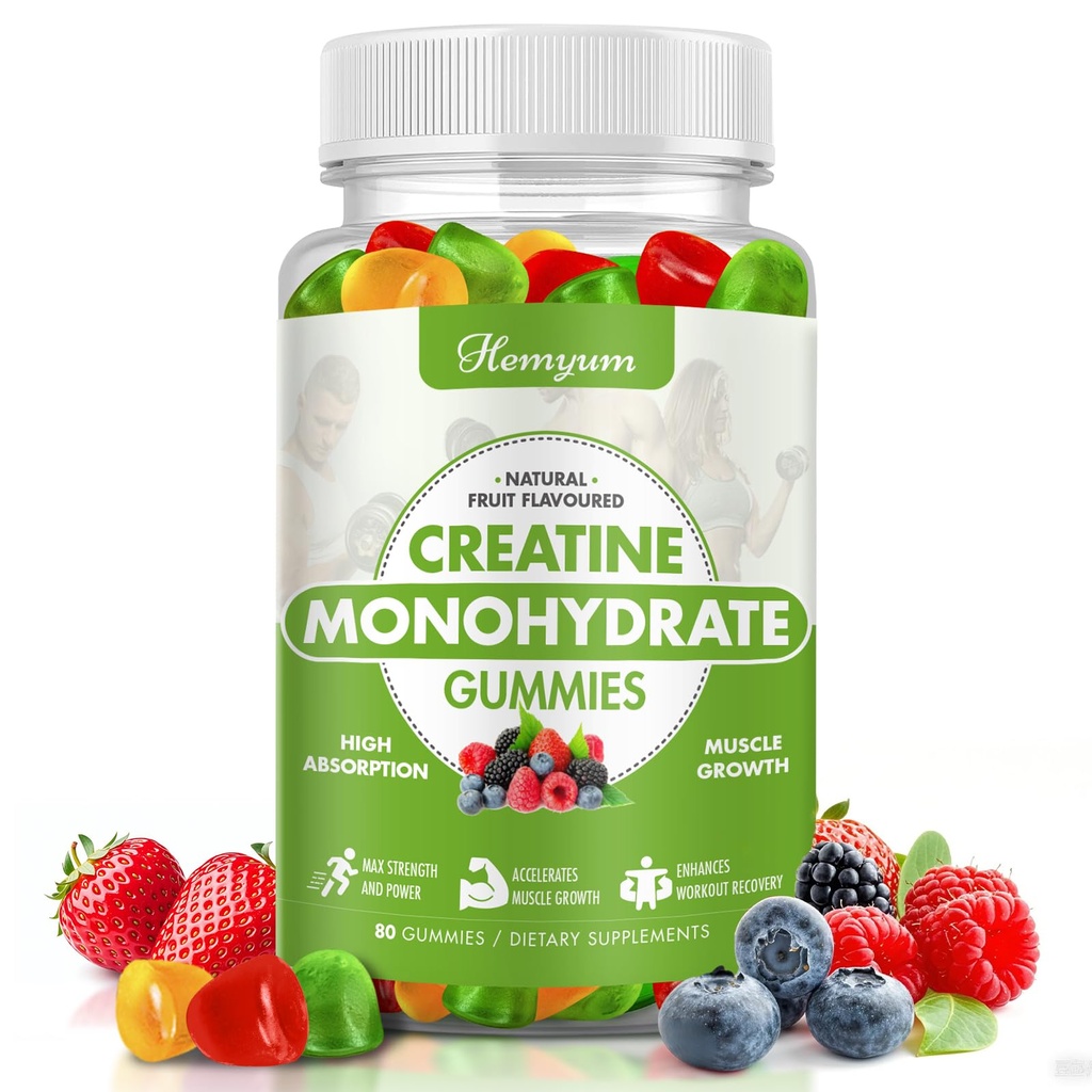 Kreatin Monohidrat Gumiji - 5g Kreatin za ženske Moški, Izboljšana mišična moč, Fokus in vzdržljivost, Muscle Builder,L-Taurin + Vitamin B12,Vegan, Gluten-free 80 Count