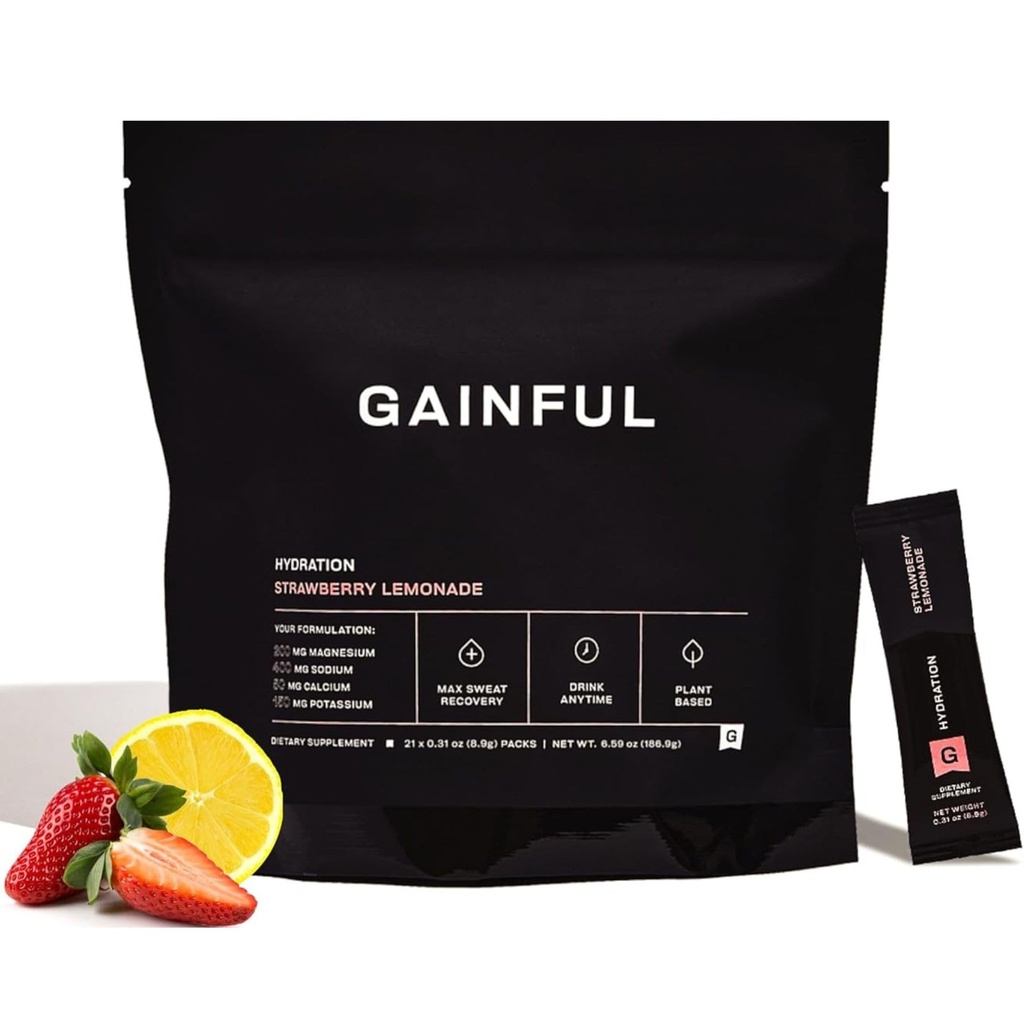Gainful Hydration Powder Packets, kofein brezplačno s ključnimi elektroliti magnezij in natrij, energijska podpora, nizek sladkor, jagodna limonada, 21 palice