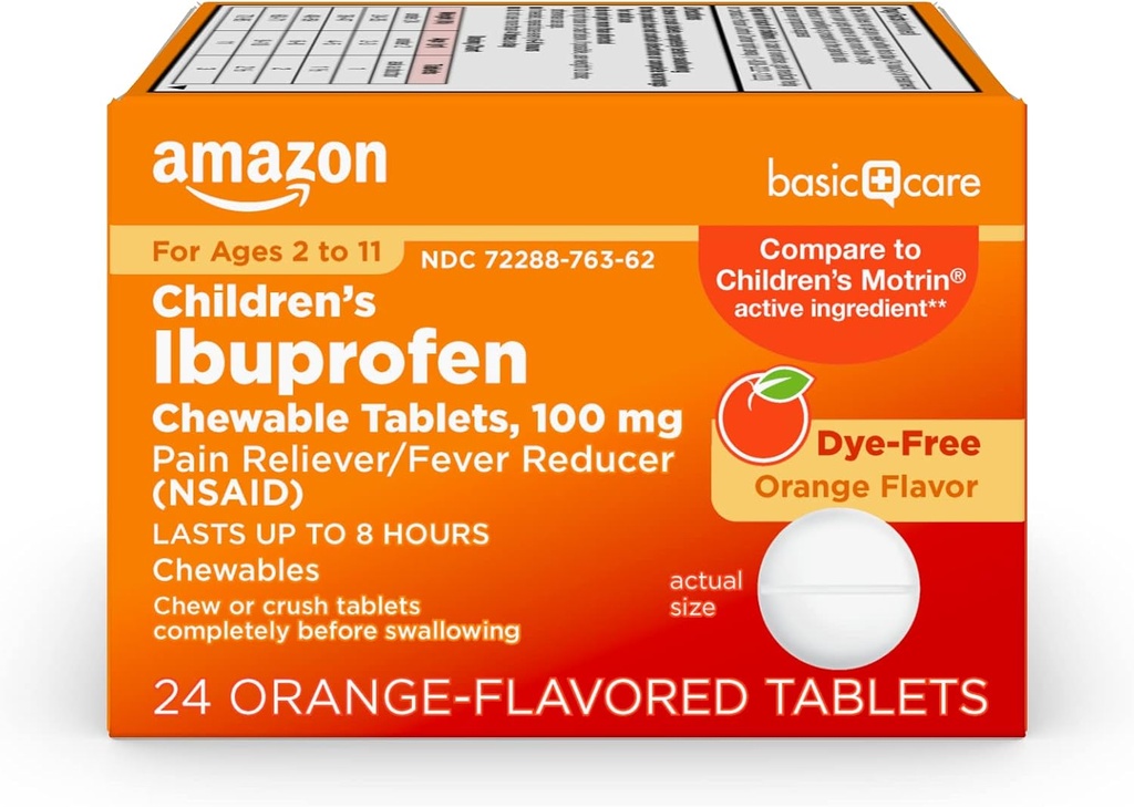 Osnovna nega otrok Ibuprofen žvečljive tablete, Pain Reliever in Fever Reductor, Orange Flavor, Starost 2-11, Traja do 8 ur, 100 mg, 24 Število