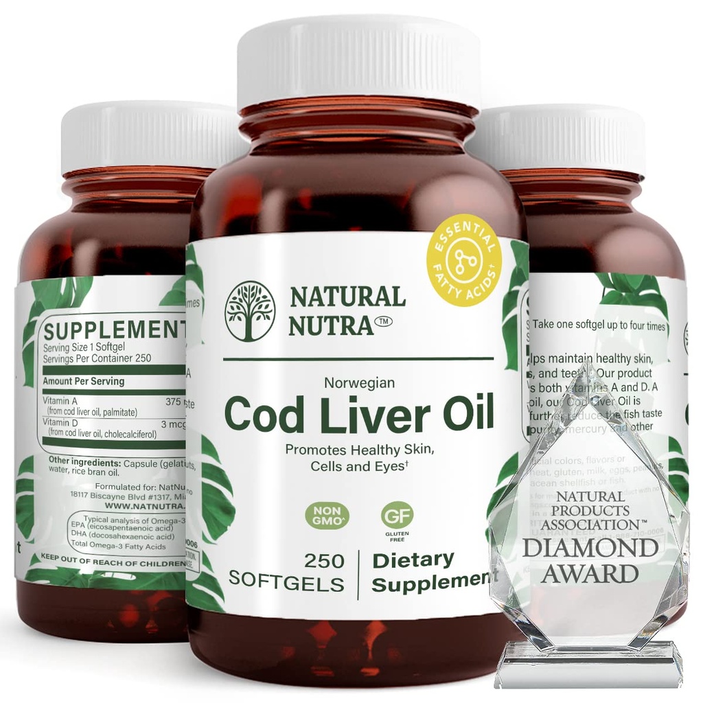 Natural Nutra Norvegian Cod Jetra Oil Supplement, Pomaga ohranjati kožo, pomaga ohranjati gostoto telesa, zdravje oči in živcev funkcijo, spodbuja zdravje zob, podpira kardiovaskularno zdravje, 250 Softgels
