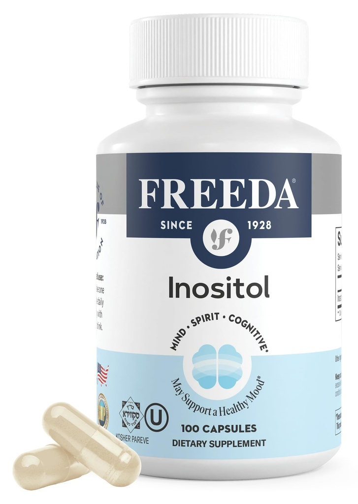 FREEDA Pure Inositol Kapsule - Myo-Inositol za hormonsko ravnotežje, delovanje jajčnikov in podporo razpoloženju - Kosher, Vegetarian, Made in USA - 100 Count, 100-Day Supply - podpira zdravje Membrane