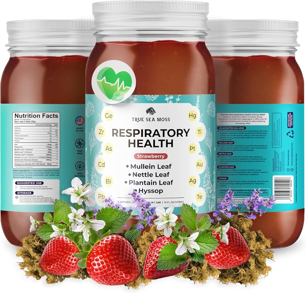 TrueSeaMoss Pro-Line Gel - Respiratorno zdravje - 5+ Okusi - Fruit Gel s Premium Sea Moss & Kalij - Vegan-prijateljski - Vitamin & Mineral Rich dodatek - Izdelano v ZDA (Strawberry, Pack po 1)