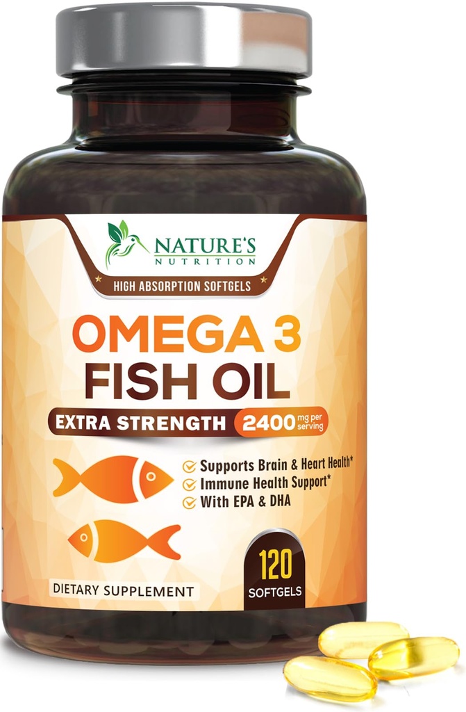 Omega 3 ribje olje 2400 mg – Trojna moč EPA & DHA Maščobne kisline za srce, Možgani & Skupni podpora – Divji ujeta, Burpless, Lemon Flavor dodatek – Naravni, Ne-GMO, Gluten-free – 120 Softgels