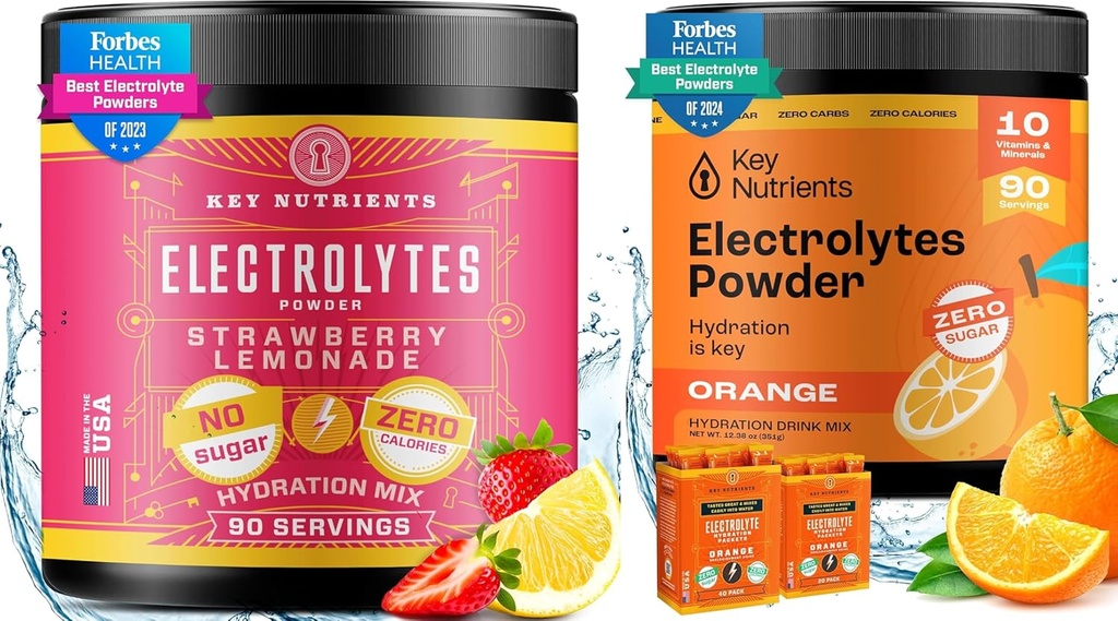 KLJUČNI HRANILCI Elektroliti in multivitaminski Hidracija Powder Bundele – Juicy Jagodna limonada & Tangy Orange Elektrolitni praški (90 serving vsak) – Brez sladkorja, Keto-prijateljski, Brez kalorij