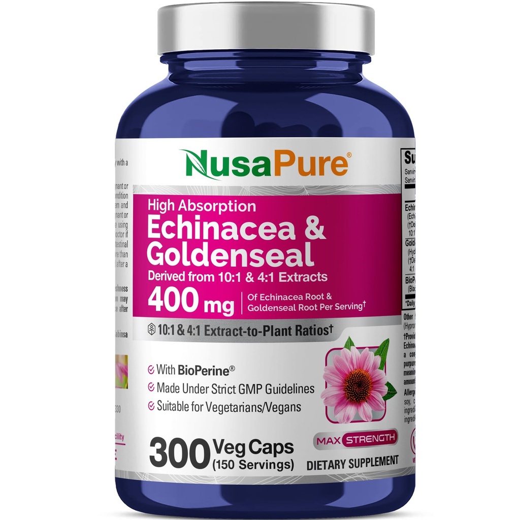 NusaPure Echinacea Goldenseal 200mg, (Extract 10:1, ekvivalent 2000mg), 200mg, (Extract 4:1, ekvivalent 800mg) - 2800mg 300 Veggie Caps (vegetarijanske, ne-GMO, Vegan)