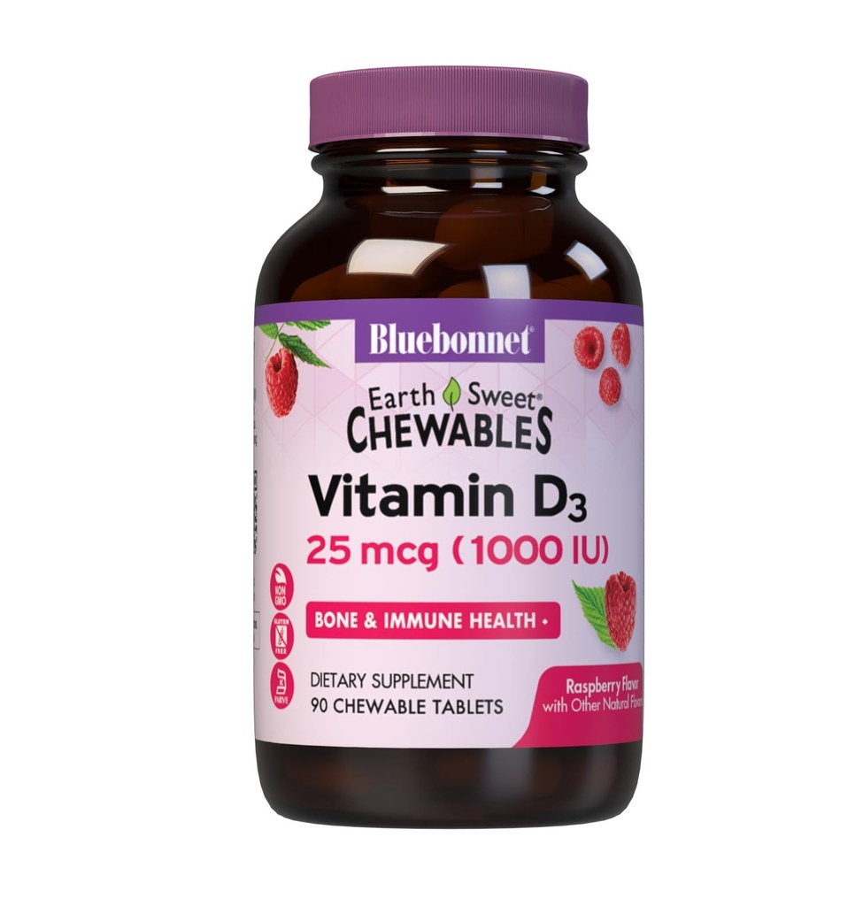 Bluebonnet Nutrition EarthSweet Vitamin D3 1000IU - Bone & Imune Support - Raspberry Žvečljivi vitamin D dodatek za ženske & moške - Soy-free, Gluten-free, Non-GMO - 90 tablet