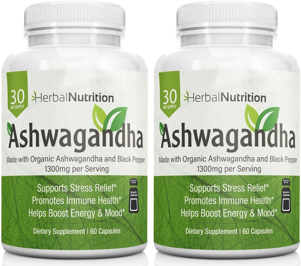 Herbal Nutrition Organic Ashwagandha 1300mg Max Jakost, dve steklenici, 120 kapsul Plus črna paprika za biološko razpoložljivost