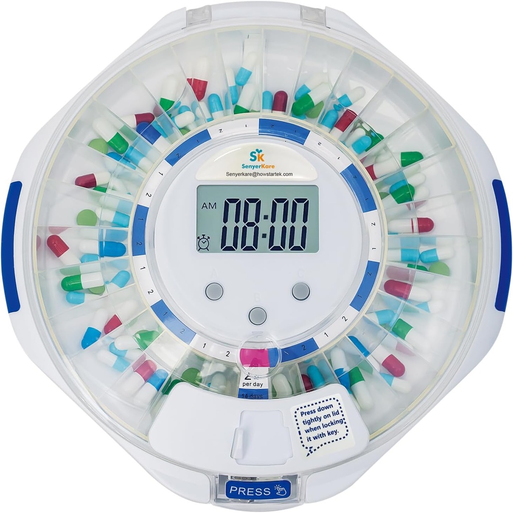 SenerKare 28-dnevni avtomatski Dispenzer tablet z Alarm & Alzheimerjeva nega, Medication Organizator w/Easy-Read LCD zaslon, Zvok & Luč & Ključna opozorila za zdravila, Vitamini, Dopolnila, Clear Lid