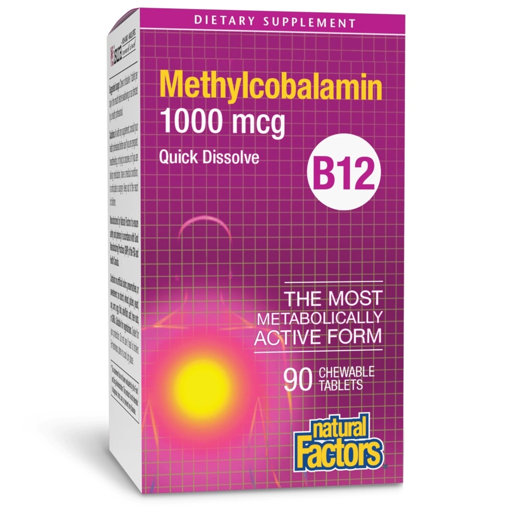 Naravni dejavniki, Vitamin B12 Metilkobalamin 1000 mcg, Žvečljiva podpora za energijo in imunskega zdravja, Vegetarian, Gluten, 90 tablet (90 odmerkov)