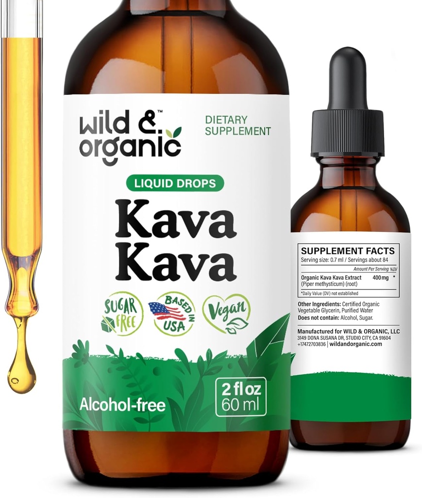 Wild & Organic Kava Tinkture 400 mg - Podpora razpoloženju - Umirjanje korenskega ekstrakta tekoče kapljice - 2-mesečna dobava - Veganske, sladkor in alkohol brez kapljice - 2 fl oz