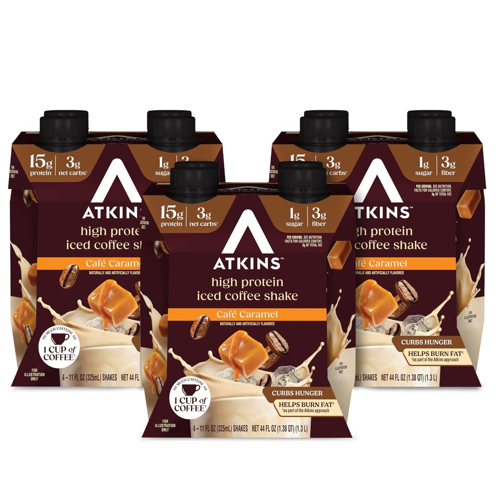 Atkins Café Karamel Ledena kava Aromatizirani Beljakovinski šejk, High Protein Shake, Nizka Glycemic, Nizki Carb in Nizki sladkor, Keto prijazno, Gluten prost, 12 Število